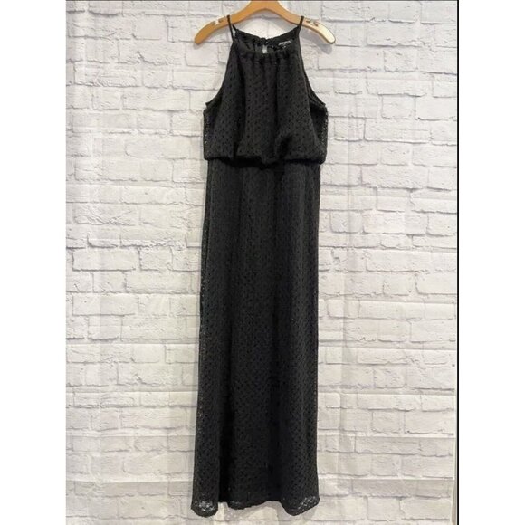 Sharagano Black Embroidered Lace Stretch Halter Long Maxi Dress - Picture 1 of 6